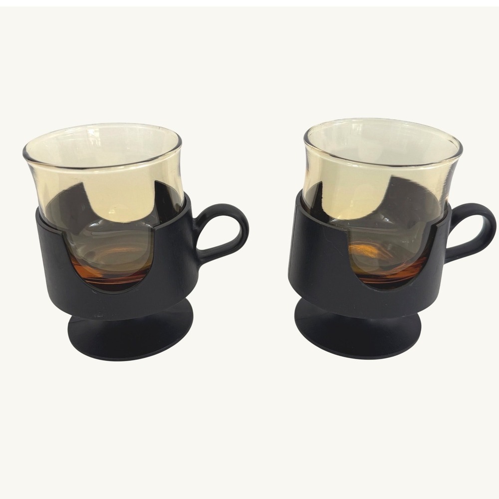 Vintage Corning Glas-Snap Black Holders w Amber Glasses Set of 2